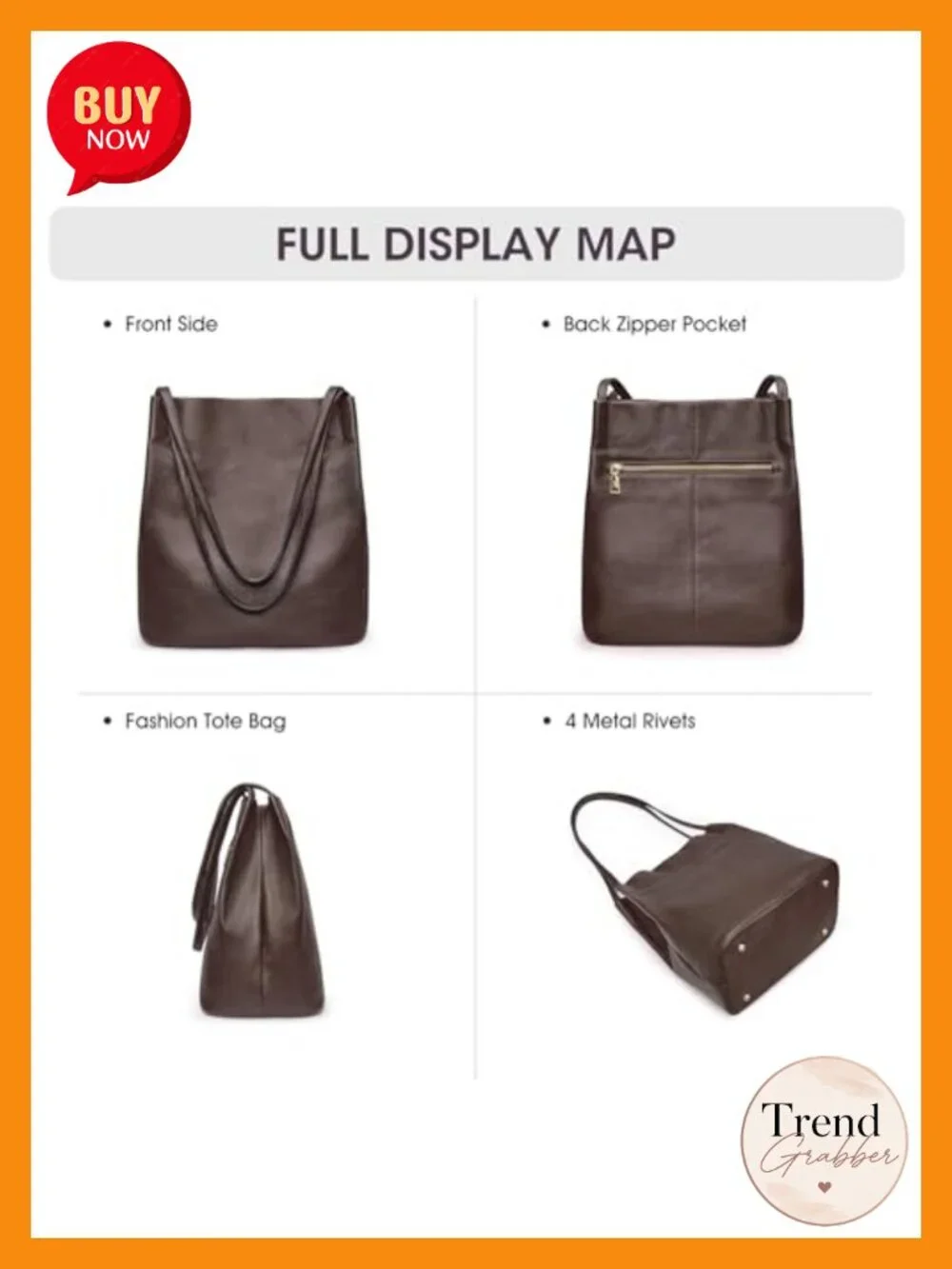 Genuine Leather Tote Shoulder Bag Magnetic Snap Closure Lightweight Spacious